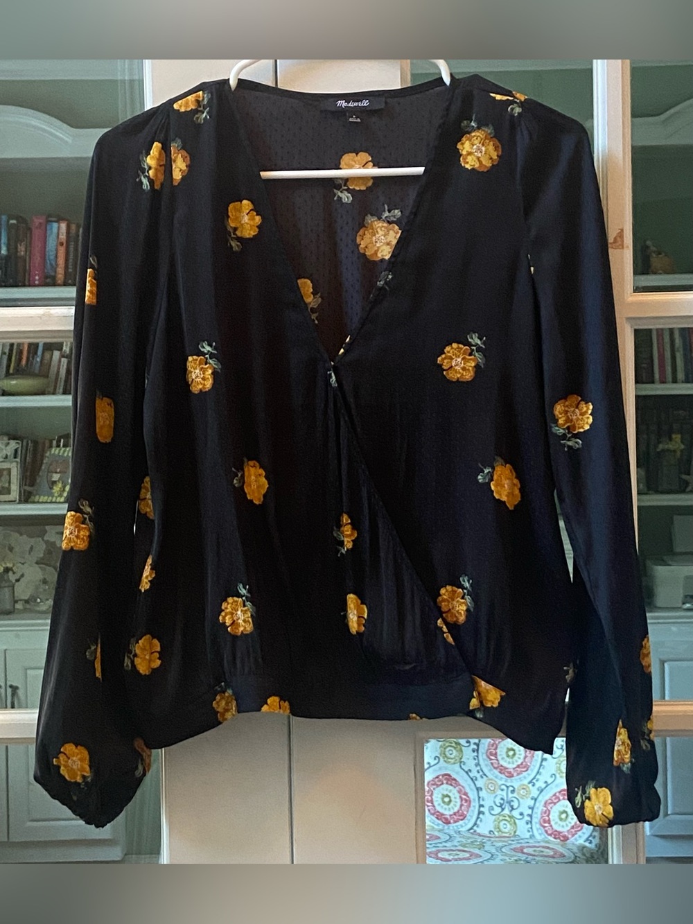Madewell Black Wrap Blouse with Yellow Floral Print Size Small